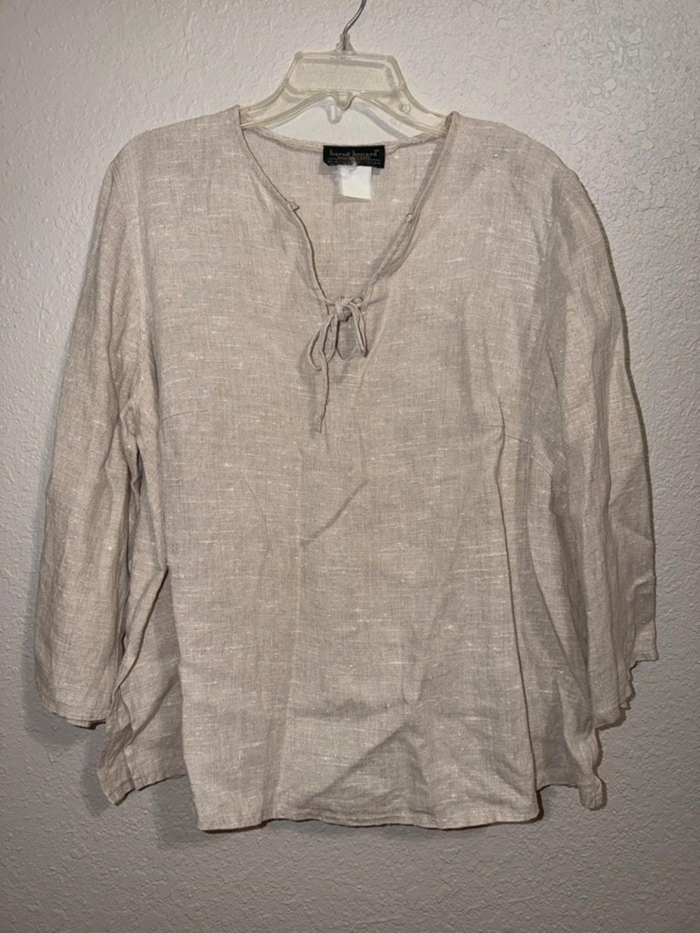 Vintage Linen top with notched v neck and string tie long sleeves beach coastal
